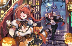  2girls absurdres animal_ears antenna_hair ascot bat_(animal) black_gloves black_pants bow breasts brown_hair cleavage cleavage_cutout clenched_hand cloak clothing_cutout commentary crescent_moon daiwa_scarlet_(umamusume) dress ear_covers english_commentary fangs fingerless_gloves full_body gloves hair_between_eyes hair_intakes hair_over_one_eye halloween halloween_costume highres horse_ears horse_girl horse_tail jack-o&#039;-lantern large_breasts long_sleeves moon multicolored_hair multiple_girls night open_cloak open_clothes outdoors pants puffy_short_sleeves puffy_sleeves red_eyes running shirt short_sleeves single_ear_cover single_glove sparkle streaked_hair striped striped_bow sylph_kim tail tiara umamusume vampire_costume vodka_(umamusume) white_ascot white_dress white_shirt 