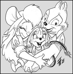  2005 anthro chip_&#039;n_dale_rescue_rangers chip_(disney) chipmunk chris_fischer closed_eyes clothed clothing disney female fur gadget_hackwrench greyscale ground_squirrel group hair hug hybrid long_hair male mammal monochrome mouse murid murine open_mouth rodent sciurid tail trio young 