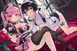  2girls :p animal_ears black_hair breasts bridal_garter cat_ears cat_girl cat_tail chain_leash chains character_request choker cleavage collar copyright_request crossed_legs crying crying_with_eyes_open detached_sleeves devil_heavens drill_hair flower hand_on_another&#039;s_chin hand_on_another&#039;s_thigh highres holding holding_leash indie_virtual_youtuber leash multiple_girls pink_hair red_eyes rose single_thighhigh smile tail tears thighhighs tongue tongue_out twin_drills vase virtual_youtuber 