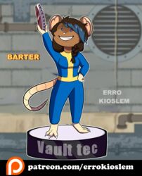  anthro barter bobblehead bottle_cap braided_hair brown_hair chibi claws errokioslem fallout female hair hi_res mammal microsoft murid murine purple_eyes rat rat_tail rodent solo tail text url vault_suit 