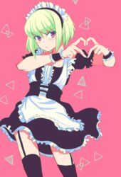  1boy :&lt; alternate_costume apron black_dress black_thighhighs black_wrist_cuffs blush colored_eyelashes cowboy_shot crossdressing dress embarrassed floating_clothes frilled_wrist_cuffs frills garter_straps green_hair heart heart_hands highres lio_fotia maid maid_headdress male_focus otoko_no_ko pink_background promare puffy_short_sleeves puffy_sleeves purple_eyes short_hair short_sleeves sidelocks solo thighhighs triangle v-shaped_eyebrows white_apron wrist_cuffs yuno_setouchi zettai_ryouiki 