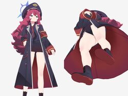  3d bare_legs black_panties blue_archive boots female from_below full_body halo hat highres iroha_(blue_archive) jacket legs long_coat long_hair long_sleeves messy_hair military_hat military_jacket military_uniform mizusaki_(kn27) necktie panties red_hair simple_background solo standing thighs underwear uniform upskirt white_background 