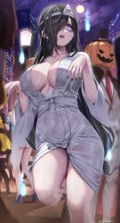  ? @_@ absurdres black_hair black_nails breasts commentary_request covered_navel drooling female ghost ghost_costume ghost_pose hair_over_one_eye halloween highres hitodama jack-o&#039;-lantern_head japanese_clothes kimono large_breasts mouth_drool nail_polish necktie open_mouth original pumpkin_costume pumpkin_mask purple_eyes red_necktie revision see-through shiroshouzoku sweatdrop triangular_headpiece wet wet_clothes yayoi_maka 