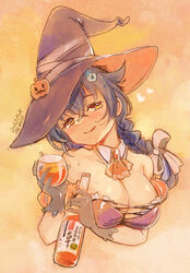  alternate_breast_size black_hair bottle braid breasts cleavage cup dress drinking_glass female hair_flaps hair_ornament halloween hat highres jingei_(kancolle) kantai_collection kirisawa_juuzou large_breasts long_hair low_ponytail purple_dress red_eyes single_braid strapless strapless_dress whale_hair_ornament wine_glass witch_hat 