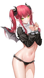  absurdres black_horns black_panties breasts cosplay cuffs demon_girl demon_horns demon_wings female frilled_shirt frills green_eyes handcuffs highres horns kitagawa_marin long_hair long_sleeves medium_breasts panties pointy_ears puffy_sleeves red_hair rizu-kyun rizu-kyun_(cosplay) shirt sidelocks solo sono_bisque_doll_wa_koi_wo_suru spider_apple thighs two_side_up underwear white_shirt wings 