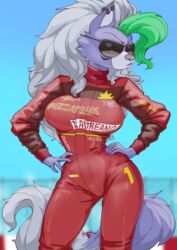  2023 anthro big_breasts breasts canid canine canis clothed clothing colored_nails day digital_media_(artwork) ear_piercing ear_ring eyewear female five_nights_at_freddy&#039;s five_nights_at_freddy&#039;s:_security_breach fur hair hi_res laureano light mammal nails piercing racing_suit racing_uniform ring_piercing roxanne_wolf scottgames simple_background solo steel_wool_studios sunglasses sunlight tail wolf 