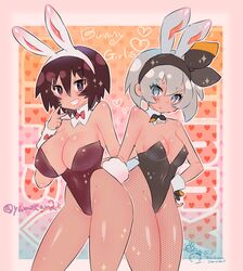  2girls animal_ears arm_around_waist artist_name azumanga_daiou bare_shoulders bea_(pokemon) black_bow black_bowtie black_hairband black_leotard black_ribbon blue_background blue_eyes blush bob_cut bow bowtie breasts bright_pupils brown_eyes brown_hair brown_leotard cleavage closed_mouth collarbone commentary commission cowboy_shot crossover dark-skinned_female dark_skin detached_collar detached_sleeves english_text expressionless eyelashes fake_animal_ears fake_tail fishnet_pantyhose fishnets gradient_background grey_hair grin groin hair_between_eyes hair_ribbon hairband halftone halftone_background halftone_texture hand_on_another&#039;s_back hand_on_own_hip heart heart_background highleg highleg_leotard highres kagura_(azumanga_daioh) large_breasts leotard looking_at_viewer medium_breasts multiple_girls orange_background pantyhose parted_lips pink_background playboy_bunny plunging_neckline pokemon pokemon_swsh rabbit_ears rabbit_tail red_bow red_bowtie ribbon short_hair signature smile sparkle standing strapless strapless_leotard tail tan thank_you thick_eyebrows thighs twitter_username v v_over_mouth white_hairband white_pupils wrist_cuffs y.o_(chuchu) 