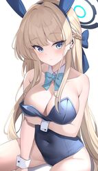  absurdres animal_ears bad_id bad_pixiv_id bare_shoulders blonde_hair blue_archive blue_bow blue_bowtie blue_eyes blue_hair blue_halo blue_leotard blush bow bowtie braid breasts cleavage closed_mouth detached_collar fake_animal_ears female halo highres leotard long_hair looking_at_viewer medium_breasts multicolored_hair official_alternate_costume playboy_bunny rabbit_ears revision simple_background solo strapless strapless_leotard streaked_hair toki_(blue_archive) toki_(bunny)_(blue_archive) white_background wrist_cuffs zeatto 