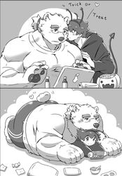  anthro bear blush duo english_text eyebrows halloween holidays human kissing_cheek leib_(tas) lifewonders male male/male mammal monochrome musclegut muscular pinned pinned_to_ground polar_bear protagonist_(tas) romantic romantic_couple size_difference suzuapi2 text thick_eyebrows tokyo_afterschool_summoners twink_protagonist_(tas) ursine 