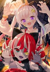  2girls ahoge airani_iofifteen airani_iofifteen_(1st_costume) black_bow black_nails blush bow claw_pose collarbone diamond-shaped_pupils diamond_(shape) double_bun dress fangs gradient_eyes green_hair grey_hair hair_bun hair_ornament hair_ribbon hairbow heterochromia hololive hololive_indonesia kureiji_ollie kureiji_ollie_(1st_costume) long_hair long_sleeves looking_at_viewer mismatched_pupils multicolored_eyes multicolored_hair multiple_girls open_mouth pink_hair purple_eyes red_eyes red_hair ribbon scrunchie side_ponytail single_side_bun symbol-shaped_pupils upper_body virtual_youtuber white_dress wrist_scrunchie x-shaped_pupils yano_mitsuki_(nanairo) yellow_eyes 