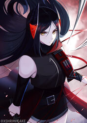  arknights belt black_belt black_hair demon_horns detached_sleeves female highres horns ines_(arknights) long_hair looking_at_viewer parted_bangs solo supershrimpcakes yellow_eyes 