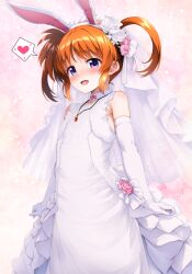  animal_ears arms_at_sides asymmetrical_hair bare_shoulders blue_eyes blush bow bowtie bridal_veil bride coat detached_collar dress elbow_gloves fake_animal_ears female flat_chest flower gloves hair_flower hair_ornament heart highres lyrical_nanoha mahou_shoujo_lyrical_nanoha medium_hair open_mouth orange_hair paid_reward_available pink_bow pink_bowtie rabbit_ears raising_heart solo takamachi_nanoha two_side_up veil wedding_dress white_coat white_dress white_gloves yokoyama_kouji 