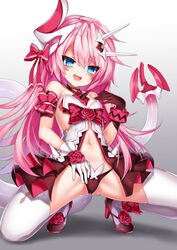  asymmetrical_gloves bare_shoulders blue_eyes ehart female gloves high_heels honkai_(series) honkai_impact_3rd horns long_hair mismatched_gloves navel oerba_yun_fang open_mouth panties pink_hair rozaliya_olenyeva short_eyebrows single_horn slit_pupils smile solo squatting tail thick_eyebrows thighhighs underwear very_long_hair 