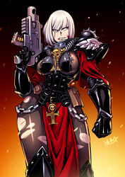  adepta_sororitas armor blood blood_on_face bolt_pistol bolter chains clenched_teeth commentary cuts embers english_commentary female fleur-de-lis frown gun highres holding holding_gun holding_weapon injury jewelry leggings looking_to_the_side necklace pauldrons pouch power_armor ryuusei_(mark_ii) scar scar_across_eye scar_on_face shoulder_armor signature skull solo teeth torn_clothes torn_legwear warhammer_40k weapon white_hair 