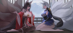  2girls absurdly_long_hair absurdres akagi_(azur_lane) akagi_(dawn_phoenix&#039;s_summons)_(azur_lane) animal_ears arm_guards axicoi azur_lane bare_shoulders blue_dress blue_eyes breasts brown_dress brown_tail chinese_clothes chinese_commentary cleavage commentary dress fox_ears fox_girl fox_tail hanfu highres japanese_clothes kaga_(azur_lane) kaga_(dusk-simurgh&#039;s_vigil)_(azur_lane) kimono kitsune kyuubi large_breasts large_tail long_hair looking_at_viewer microdress multiple_girls multiple_tails official_alternate_costume red_kimono short_hair sideboob tail very_long_hair white_hair white_tail 