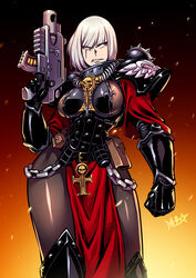  adepta_sororitas armor bolt_pistol bolter chains clenched_teeth commentary embers english_commentary female fleur-de-lis frown gun highres holding holding_gun holding_weapon jewelry leggings looking_to_the_side necklace pauldrons pouch power_armor ryuusei_(mark_ii) scar scar_across_eye scar_on_face shoulder_armor signature skull solo teeth warhammer_40k weapon white_hair 