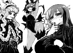  3girls alternate_hair_color armpits arms_around_neck asymmetrical_footwear bat_wings black_gloves black_hair black_shirt black_tail blood blush bodystocking breasts commentary_request creator_connection demon_horns drill_hair finger_in_own_mouth gloves gothic_lolita hand_on_own_chest hand_on_own_hip head_wings heart highres horns huge_breasts large_breasts leotard licking licking_blood licking_finger lolita_fashion long_hair low_wings mismatched_footwear monochrome multicolored_hair multiple_girls musuko_ga_kawaikute_shikatanai_mazoku_no_hahaoya nightmare_(mazohaha) official_alternate_hairstyle playboy_bunny raspberry_(yakunitatsu_node_chi_o_kudasai) shirt smug strapless strapless_leotard streaked_hair sumire_(yakunitatsu_node_chi_o_kudasai) tail twin_drills unfinished upper_body vampire white_background wings yakunitatsu_node_chi_o_kudasai zyugoya 