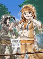  bad_id bad_twitter_id black_hair black_mamba_(kemono_friends) collared_shirt cup drawstring fangs finger_in_own_mouth haegiwa_gonbee hood hoodie kemono_friends long_sleeves miniskirt necktie open_mouth orange_eyes orange_hair orange_necktie outdoors pencil_skirt pleated_skirt print_hoodie print_thighhighs scales shirt short_hair sign skirt sleeves_rolled_up slit_pupils snake_girl snake_print snake_tail tail taipan_(kemono_friends) thighhighs tree zettai_ryouiki zipper_pull_tab 