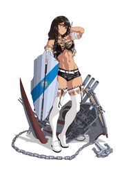  absurdres anchor azur_lane bare_shoulders black_hair boots braid breasts brown_eyes commentary_request copyright_name crop_top dark-skinned_female dark_skin feather_hair_ornament feathers female hair_between_eyes hair_ornament highres jewelry large_breasts long_hair looking_at_viewer machinery native_american navel necklace photoshop_(medium) renirevenge rigging shield shorts solo south_dakota_(azur_lane) tan thigh_boots thighhighs thighhighs_under_boots title turret white_background white_footwear 