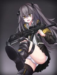  404_logo_(girls&#039;_frontline) armband bad_id bad_pixiv_id black_footwear black_jacket black_skirt black_thighhighs breasts brown_eyes collared_shirt crossed_bangs female girls&#039;_frontline gradient_background grey_hair gun h&amp;k_ump hair_between_eyes highres holding holding_gun holding_weapon jacket large_breasts leg_up mechanical_arms neibaru_83 one_side_up open_clothes open_jacket open_mouth panties pantyshot pleated_skirt prosthesis prosthetic_arm scar scar_across_eye shaded_face shirt shoe_soles shoes single_mechanical_arm single_thighhigh skirt solo submachine_gun thighhighs ump45_(girls&#039;_frontline) ump45_(mod3)_(girls&#039;_frontline) underwear weapon white_panties white_shirt yellow_armband 