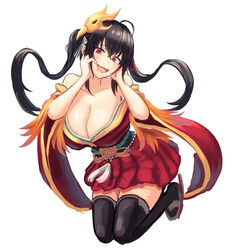  :d ahoge azur_lane bare_shoulders black_hair black_thighhighs breasts cleavage collarbone commentary_request crossed_bangs female full_body furrowed_brow hair_between_eyes hair_ribbon hakama hakama_short_skirt hakama_skirt hands_on_own_face hands_up japanese_clothes kimono large_breasts long_hair mask mask_on_head moppo obi off_shoulder open_mouth red_eyes red_kimono red_ribbon ribbon sash short_kimono simple_background skirt smile solo striped striped_ribbon taihou_(azur_lane) thighhighs twintails white_background wide_sleeves zettai_ryouiki 