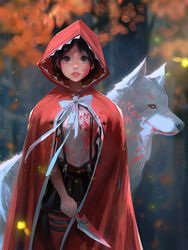  black_hair blood blood_on_clothes blood_on_face blurry blurry_background bow cloak female grey_eyes holding holding_knife hood hood_up hoodie knife lips looking_at_viewer original parted_lips red_hoodie ross_tran short_hair white_wolf wolf 