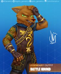  2019 absurd_res anthro armor battle_hound canid canine clothed clothing digital_media_(artwork) epic_games fortnite gatogenerico green_eyes growling hi_res looking_at_viewer male mammal simple_background solo 