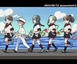  1boy 4girls admiral_(kancolle) ayanami_(kancolle) ayanami_kai_ni_(kancolle) black_hair black_sailor_collar black_skirt black_socks braid brown_hair green_hair hat isonami_(kancolle) isonami_kai_ni_(kancolle) kantai_collection kneehighs little_boy_admiral_(kancolle) long_hair military military_uniform miniskirt mochisaka_mitsuki multiple_girls naval_uniform peaked_cap pleated_skirt ponytail sailor_collar school_uniform serafuku shikinami_(kancolle) shikinami_kai_ni_(kancolle) short_sleeves side_ponytail sidelocks single_braid skirt socks standing uniform uranami_(kancolle) uranami_kai_ni_(kancolle) 