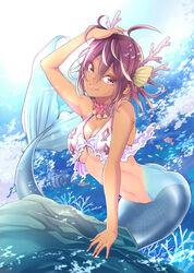  antlers bokutachi_wa_benkyou_ga_dekinai brown_eyes brown_hair commentary_request dark-skinned_female dark_skin female fins head_fins highres horns looking_at_viewer mermaid monster_girl monsterification ocean official_art one-piece_tan short_hair smile solo takemoto_uruka tan tanlines tsutsui_taishi underwater 