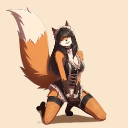  1:1 anthro breasts brown_body brown_fur brown_hair canid canine cleavage clothed clothing collar cynthia_saito digital_drawing_(artwork) digital_media_(artwork) female fishnet_clothing fox fur furrholic garter_belt garter_straps hair looking_at_viewer maid_uniform mammal medium_breasts orange_body orange_fur smile smiling_at_viewer solo uniform white_body white_fur yellow_eyes 