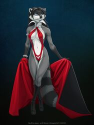  3:4 anthro black_hair black_nose blue_eyes breasts cape clothing digital_media_(artwork) female hair mammal procyonid raccoon shinigamigirl sila_dione solo vampirella_(character) 