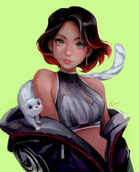  animal bare_shoulders black_hair breasts earrings ermine female green_background green_eyes jewelry lips looking_at_viewer medium_breasts mole mole_on_cheek multicolored_hair off_shoulder original red_hair ross_tran short_hair simple_background solo tail weasel 