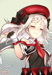  absurdres bare_shoulders beret black_dress black_gloves blush bow braid closed_eyes closed_mouth commentary dated dress female fingerless_gloves forehead girls&#039;_frontline gloves hairbow hand_on_own_hip hand_up hat highres leonat long_hair mp5_(girls&#039;_frontline) mp5_(mod3)_(girls&#039;_frontline) necktie pleated_dress red_hat red_necktie see-through signature smile solo two-tone_gloves white_gloves white_hair 