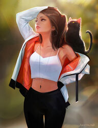  arm_up blurry blurry_background breasts cleavage collarbone earrings feline female hoop_earrings jewelry lips long_sleeves looking_to_the_side looking_up midriff necklace off_shoulder original ross_tran small_breasts solo tail tail_raised 