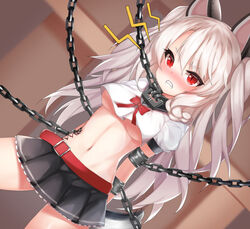  angry azur_lane blush bondage bondage bound breasts chained chains collar crop_top ehart female lock long_hair mechanical_ears medium_breasts navel nose_blush puffy_short_sleeves puffy_sleeves red_eyes short_sleeves slit_pupils solo tail tattoo teeth underboob very_long_hair white_hair yuudachi_(azur_lane) 