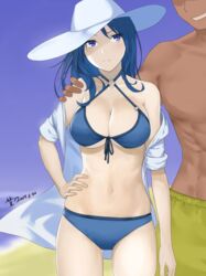  &gt;:( 1boy arm_at_side bare_shoulders bikini blue_bikini blue_eyes blue_hair blue_ribbon blue_sky breasts caitlyn_(league_of_legends) cleavage closed_eyes commentary_request cowboy_shot dark-skinned_male dark_skin dated day faceless faceless_male female front-tie_bikini_top front-tie_top hand_on_another&#039;s_shoulder hand_on_own_hip hat large_breasts league_of_legends long_hair looking_at_viewer male_swimwear mr_yah navel off_shoulder open_clothes open_shirt outdoors pectorals pool_party_caitlyn ribbon shirt short_sleeves signature sky stomach sun_hat swim_trunks swimsuit topless_male v-shaped_eyebrows white_headwear white_shirt 