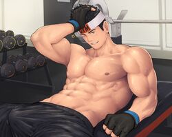  1boy abs absurdres bara biceps black_shorts blush brown_hair bulge dumbbell erection erection_under_clothes fingerless_gloves gloves gyee gym_uniform headband headphones highres indoors ko_shushu large_pectorals lee_(gyee) looking_to_the_side lying male_focus muscular muscular_male navel nipples on_back orange_eyes pectorals short_hair shorts sideburns smile solo stomach sweat topless_male twitching_penis 