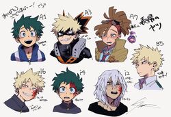  4boys bakugou_katsuki bird black_bodysuit black_mask black_shirt blonde_hair blood blood_from_mouth blood_on_face blue_jacket blue_necktie blue_shirt blush bodysuit boku_no_hero_academia brown_hair brown_jacket collared_shirt commentary_request covering_face expressions eye_mask eyewear_on_head freckles gakuran green_eyes green_hair grin hair_between_eyes headband heart heart-shaped_pupils highres jacket kuwanosisyamo long_hair looking_at_viewer looking_down male_focus midoriya_izuku multiple_boys necktie open_mouth pino_(boku_no_hero_academia) ponytail pout red_eyes red_headband red_necktie rody_soul school_uniform shigaraki_tomura shirt short_hair smile spiked_hair striped_necktie sunglasses symbol-shaped_pupils teeth translation_request two-tone_necktie u.a._gym_uniform u.a._school_uniform upper_teeth_only white_hair white_shirt 