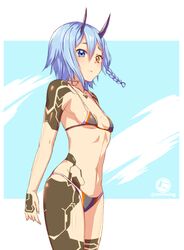  artist_name bad_id bad_pixiv_id bare_shoulders bikini black_bikini blue_eyes blue_hair blush braid breasts breasts_apart closed_mouth collarbone cowboy_shot female hair_between_eyes heterochromia horns io_(pso2) looking_at_viewer navel nyanmaru_(ememing) phantasy_star phantasy_star_online_2 short_hair side_braid small_breasts solo stomach swimsuit tattoo two-tone_background yellow_eyes 