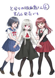  3girls :d :o ^_^ akatsuki_homura ama-tou amano_akari arm_grab bat_hair_ornament black_footwear black_hair black_legwear black_ribbon black_skirt black_vest blue_sailor_collar blue_skirt blush bow brown_eyes brown_footwear brown_hair closed_eyes collared_shirt commentary_request dress_shirt fingernails girl_sandwich grey_hair hair_ornament hair_ribbon hairclip high-waist_skirt highres loafers long_hair long_sleeves mary_janes multiple_girls open_mouth pantyhose parted_lips puffy_short_sleeves puffy_sleeves red_bow red_eyes red_skirt ribbon sailor_collar sandwiched school_uniform serafuku shirt shoes short_hair short_sleeves sidelocks skirt smile sophie_twilight standing tonari_no_kyuuketsuki-san translation_request very_long_hair vest white_background white_shirt 