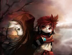  2011 abstract_background anthro brown_theme clothed clothing domestic_cat duo electronics felid feline felis fully_clothed fur hair headphones hood kemono mammal plant puinkey_(artist) red_eyes red_hair tree white_body white_fur 