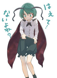  antennae baggy_shorts black_cape black_socks blush bob_cut cape commentary eyelashes eyeliner female green_eyes green_hair highres kawayabug looking_down makeup navel red_cape shirt short_hair shorts simple_background socks solo standing sweat touhou translated white_background white_shirt wriggle_nightbug 