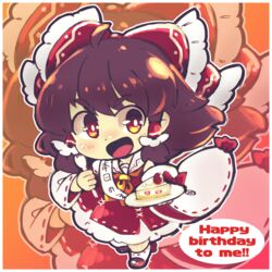  ahoge ascot bow bright_pupils brown_hair cake cake_slice chibi commentary detached_sleeves dnk dot_nose english_text eyes_visible_through_hair female food fork full_body hairbow hakurei_reimu highres holding holding_fork holding_plate looking_at_viewer open_mouth plate red_bow red_eyes red_footwear red_shirt red_skirt ribbon-trimmed_legwear ribbon-trimmed_skirt ribbon-trimmed_sleeves ribbon-trimmed_socks ribbon_trim shirt short_hair sidelocks skirt socks solo speech_bubble touhou white_pupils white_socks wide_sleeves yellow_ascot zoom_layer 