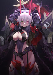  arms_up auv_susanowo blush breasts center_opening cleavage covered_navel crossed_bangs female garter_straps green_eyes headgear heterochromia highleg highleg_leotard highres impossible_clothes impossible_leotard large_breasts leotard looking_at_viewer mecha_musume mechanical_arms megami_device parted_lips purple_leotard red_eyes short_hair skin_tight solo suzune315 