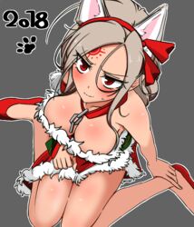  angry animal_ears breasts chains choker christmas cleavage dungeon_and_fighter facial_mark female forehead_mark grey_hair headband high_heels large_breasts looking_up red_eyes santa_costume seria_kirmin sitting sss_(komojinos3) thighs 