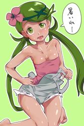  ass_visible_through_thighs bare_shoulders barefoot blush breasts commentary_request dark-skinned_female dark_skin female flower green_background green_eyes green_hair green_hairband hair_flower hair_ornament hairband head_tilt hot jpeg_artifacts kneeling knees_together_feet_apart long_hair mallow_(pokemon) open_mouth outline overalls overalls_pull pink_flower pink_shirt pokemon pokemon_sm shiny_skin shirt simple_background skindentation small_breasts solo strapless sweat swept_bangs teeth tongue tube_top twintails very_long_hair white_outline zaitsu 