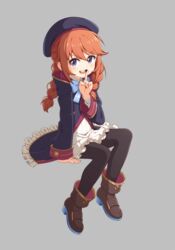  :d ankle_boots bad_id bad_pixiv_id beret black_coat black_hat black_pantyhose blue_bow blue_eyes blush boots bow braid brown_footwear brown_hair coat commentary_request dress female frilled_coat frilled_dress frills full_body grey_background hair_between_eyes hair_over_shoulder hand_up hat highres hood hood_down hooded_coat index_finger_raised invisible_chair long_hair long_sleeves looking_at_viewer open_clothes open_coat open_mouth pantyhose princess_connect! school_uniform simple_background sitting sizque sleeves_past_wrists smile solo st._theresa&#039;s_girls_academy_school_uniform teeth twin_braids upper_teeth_only white_dress yuni_(princess_connect!) 