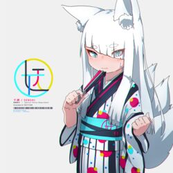  animal_ear_fluff animal_ears blue_eyes blush chromatic_aberration eyes_visible_through_hair female fox_ears fox_girl fox_tail hair_over_one_eye hand_fan highres koyuki_(kuro_kosyou) kuro_kosyou multiple_tails original short_eyebrows slit_pupils solo sweatdrop tail thick_eyebrows white_hair 