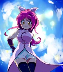  bakuten_shoot_beyblade_rising beyblade beyblade_rising blush bracelet chen_mao china_dress chinese_clothes closed_mouth dress female hair_ribbon jewelry long_hair pants pink_hair ponytail ribbon sky sleeveless solo source_request white_pants yellow_eyes 