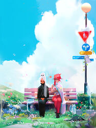  2girls animal bench closed_eyes cloud cloudy_sky commentary day english_commentary falling_petals faye_(ross_tran) feline flower full_body ghost grass long_hair multiple_girls nima_(ross_tran) original outdoors petals red_hair road_sign ross_tran sign sitting sky smile spirit sword transparent weapon white_hair 